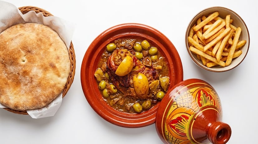 طاجين دجاج بالدغميرة مع الزيتون الأخضر والليمون في طاجين فخاري، وبجانبه خبز مغربي وبطاطا مقلية