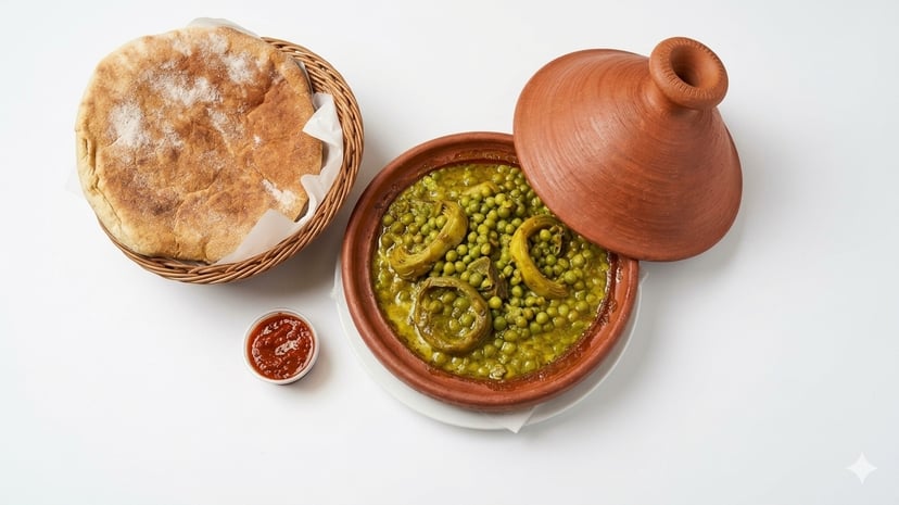 طاجين بازلاء وأرضي شوكي مغربي مع سلة خبز وصلصة حمراء على خلفية بيضاء.