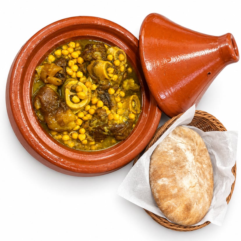 طاجين كوارع مغربي بالحمص مع خبز مغربي وغطاء فخاري على خلفية بيضاء